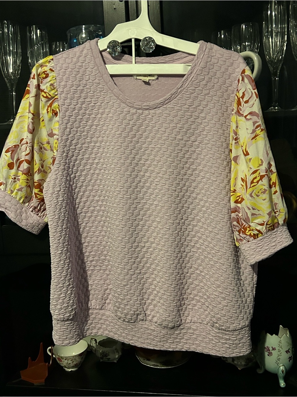 Porridge- Lavender Textured Knit Sweatshirt with Floral Puff Sleeves